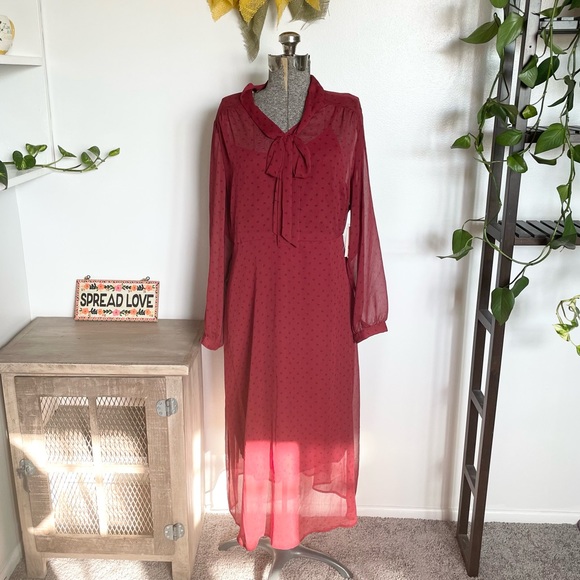 NWT burgundy red & black midi bohemian dress with sheer long sleeves - Picture 1 of 7